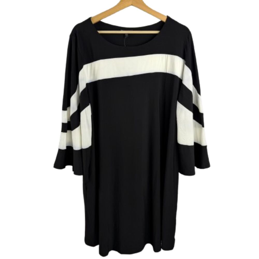 Nina Leonard NWT Black & White Striped Shift Dress with Bell Sleeves Size 1X